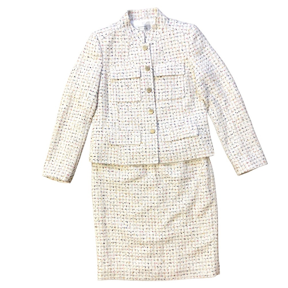 Tahari Cream Tweed Two-Piece Skirt Suit with Subtle Multicolor Threads